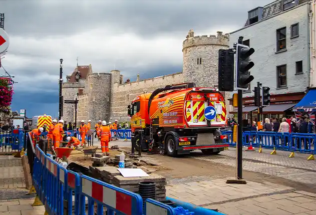 Mega Sweep road sweeper cleaning a construction site in London